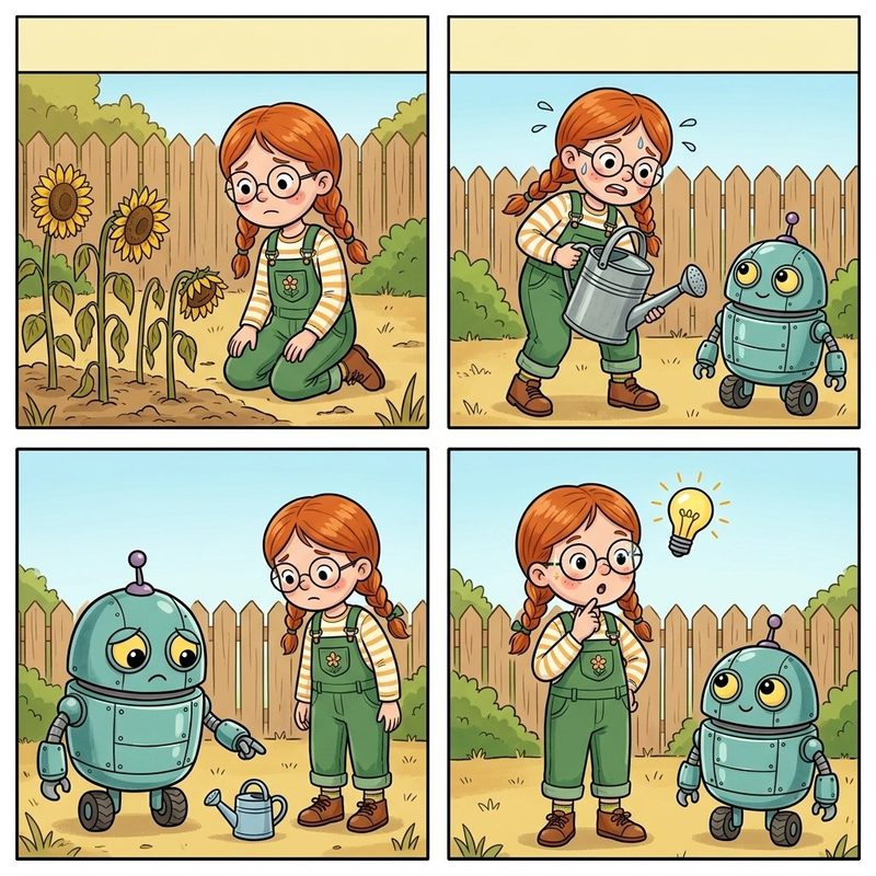 Comic-Seite mit vier Bildern: Nele und der Roboter Bolt im Garten
