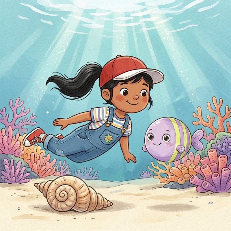 Titelbild „Mia und die Perle“: Mia taucht mit dem Fisch Flo an einem alten Schiff